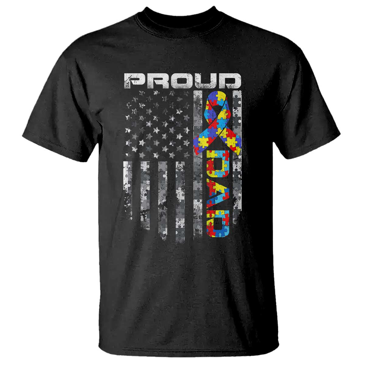 Vintage Proud Autism Dad T Shirt USA American Flag Father Day TS10 Black Print Your Wear