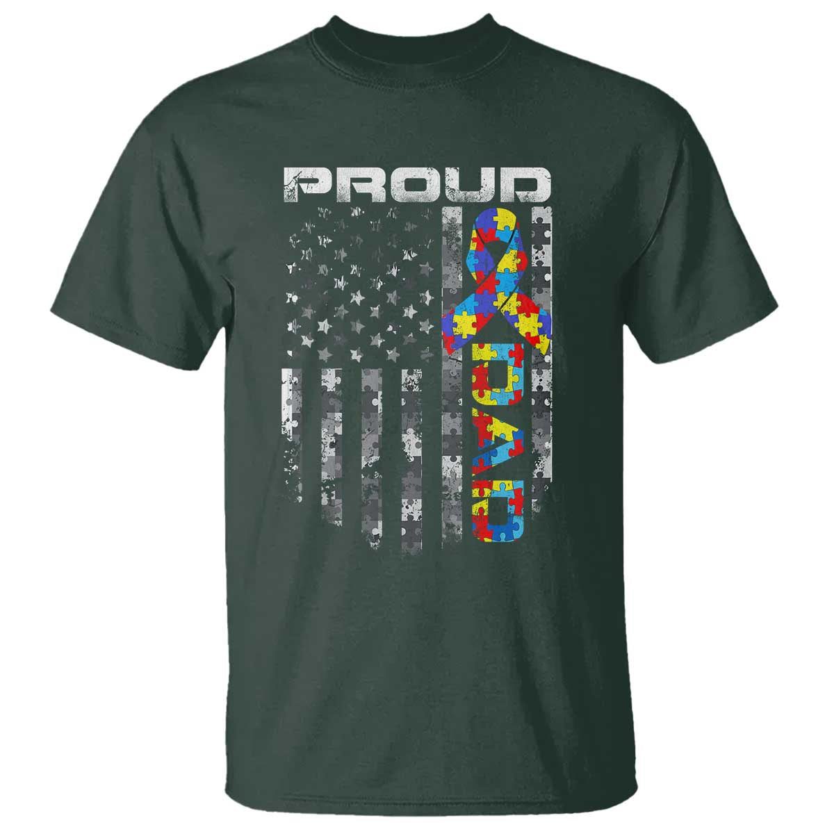 Vintage Proud Autism Dad T Shirt USA American Flag Father Day TS10 Dark Forest Green Print Your Wear