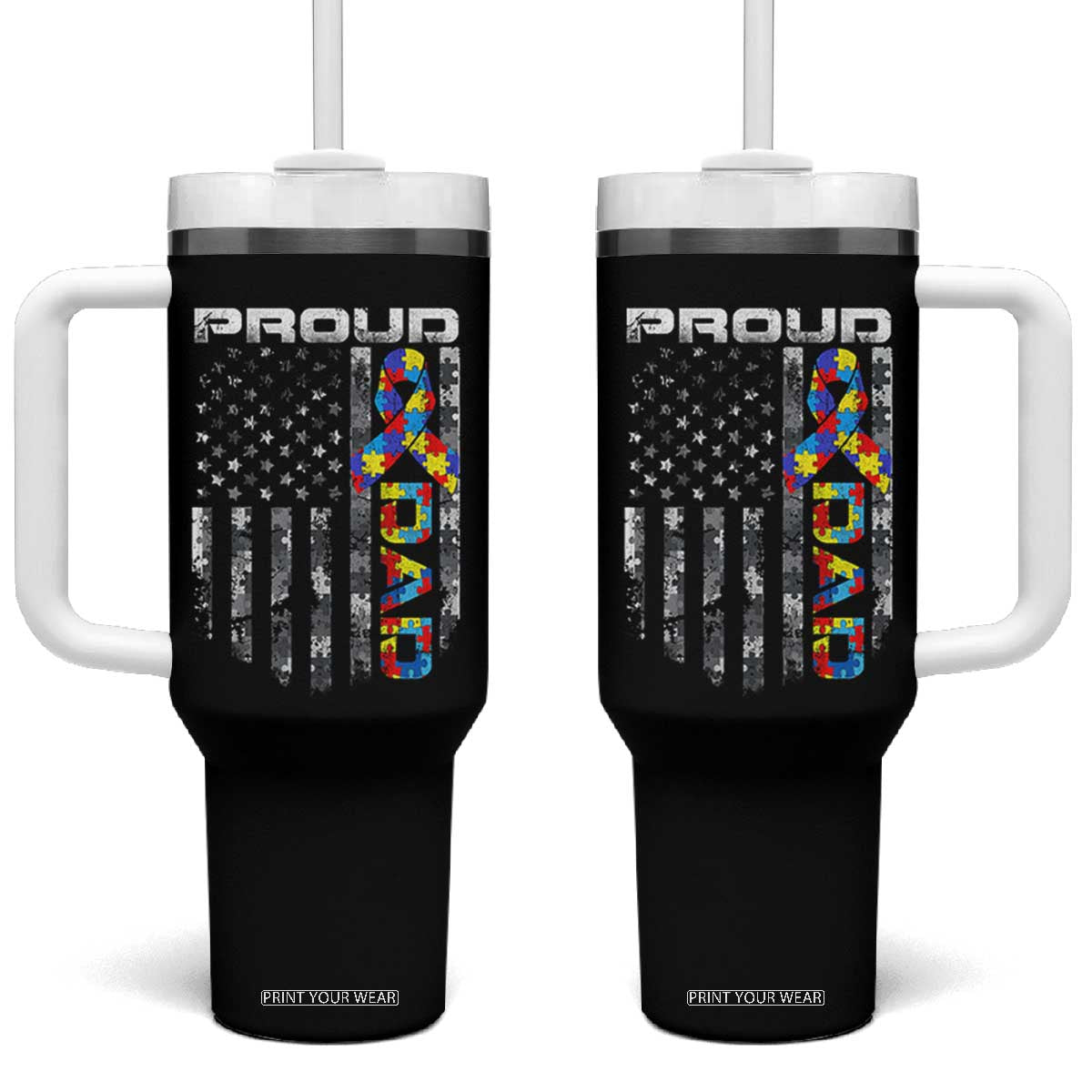 Vintage Proud Autism Dad Tumbler With Handle USA American Flag Father Day TS10 One Size: 40 oz Black Print Your Wear