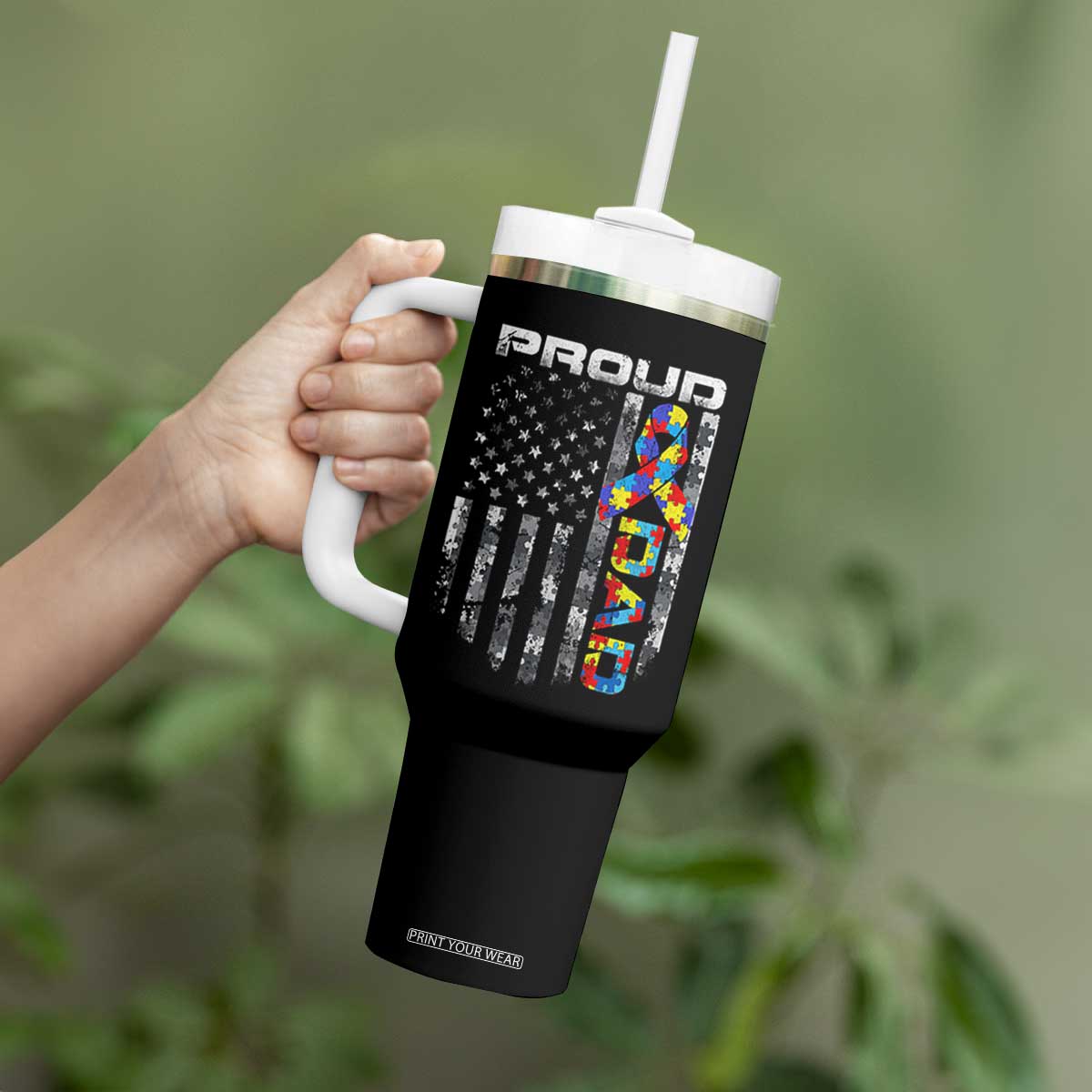 Vintage Proud Autism Dad Tumbler With Handle USA American Flag Father Day TS10 Print Your Wear