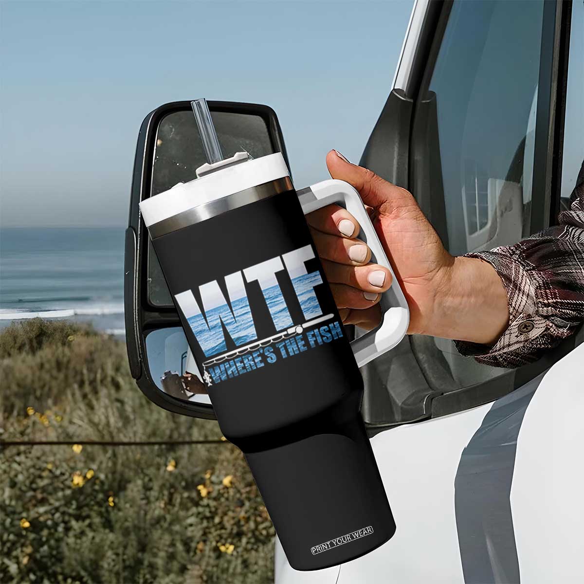 WTF Where's The Fish Tumbler With Handle Funny Fishing Gifts Dad Grandpa Fathers Day TB10 Print Your Wear
