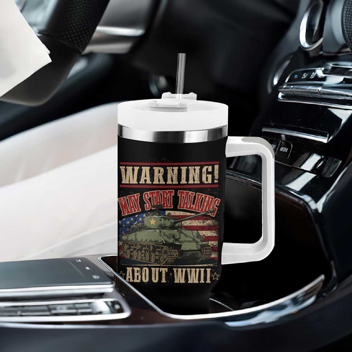 Warning May Start Talking About WWII Tumbler With Handle American Flag Tank TS11 Print Your Wear