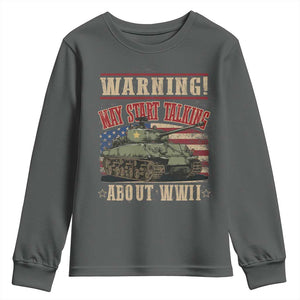 Warning May Start Talking About WWII Youth Sweatshirt American Flag Tank TS11 Dark Heather Print Your Wear