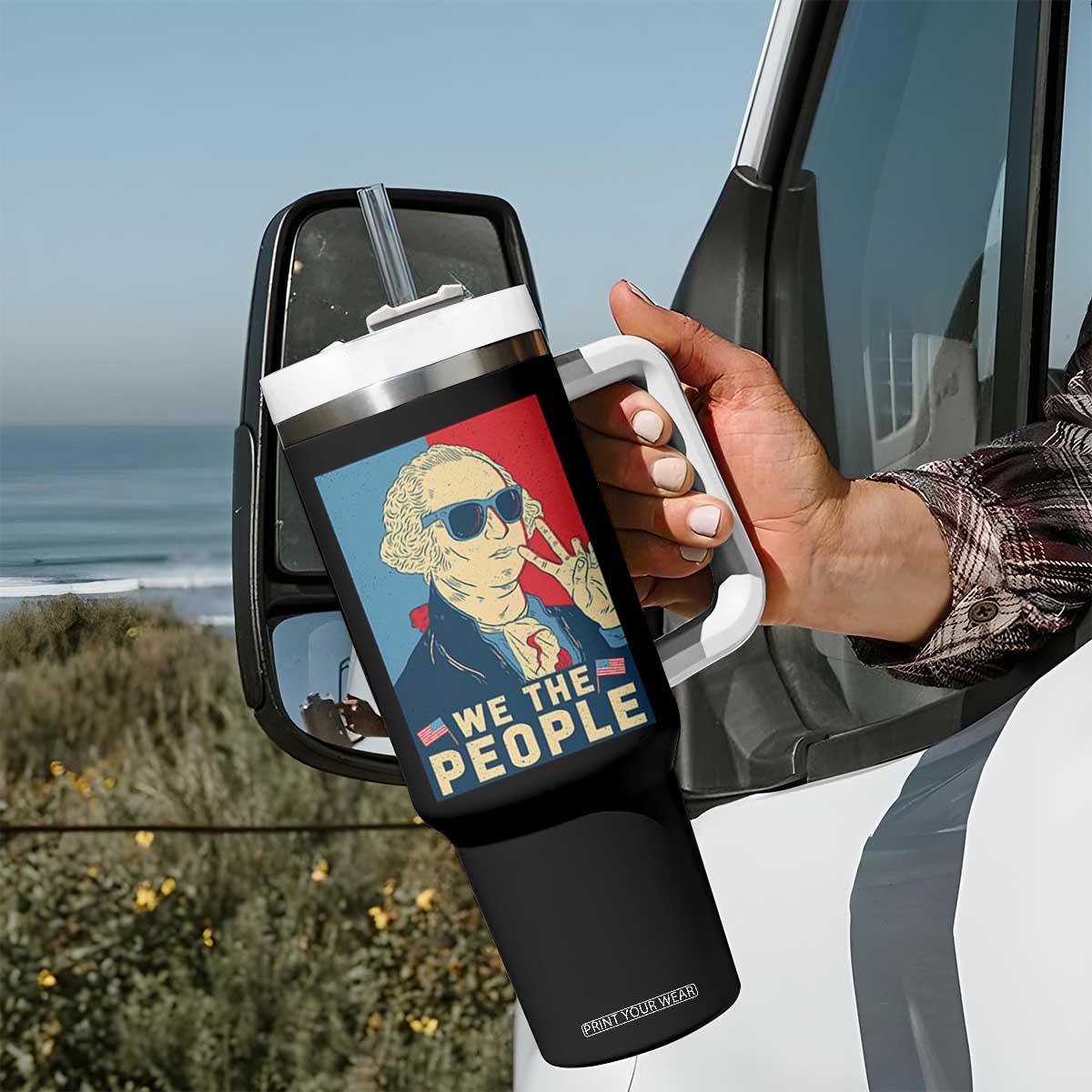We the People Retro George Washington Tumbler With Handle Patriotic American Founding Fathers Peace Sign TS02 Print Your Wear
