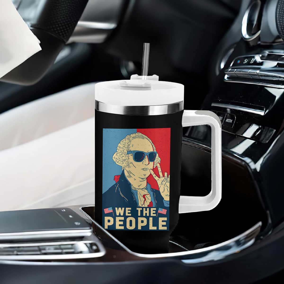 We the People Retro George Washington Tumbler With Handle Patriotic American Founding Fathers Peace Sign TS02 Print Your Wear