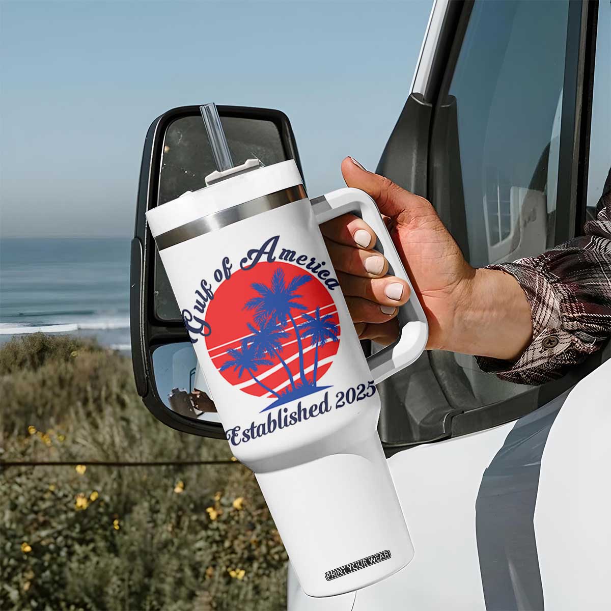 Welcome To America's Gulf Tumbler With Handle Established 2025 Trump Mexico Vintage Summer Beach Vibes TS10 Print Your Wear