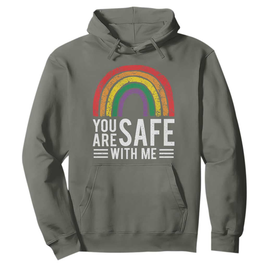 You Are Safe With Me Hoodie Retro Rainbow LGBTQ Ally Pride TS10 Military Green Print Your Wear