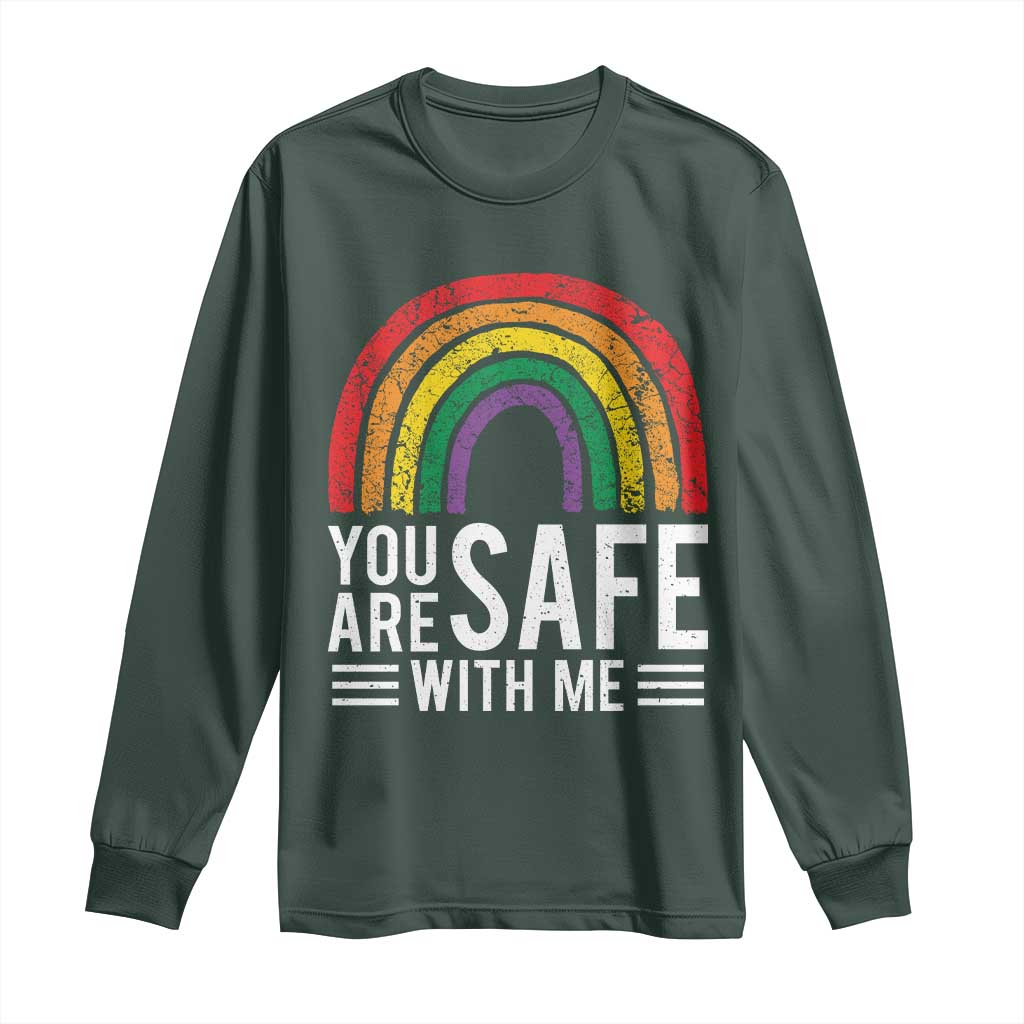 You Are Safe With Me Long Sleeve Shirt Retro Rainbow LGBTQ Ally Pride TS10 Dark Forest Green Print Your Wear