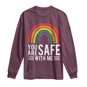 You Are Safe With Me Long Sleeve Shirt Retro Rainbow LGBTQ Ally Pride TS10 Maroon Print Your Wear