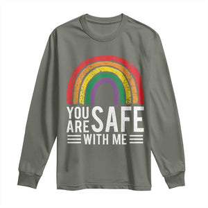 You Are Safe With Me Long Sleeve Shirt Retro Rainbow LGBTQ Ally Pride TS10 Military Green Print Your Wear