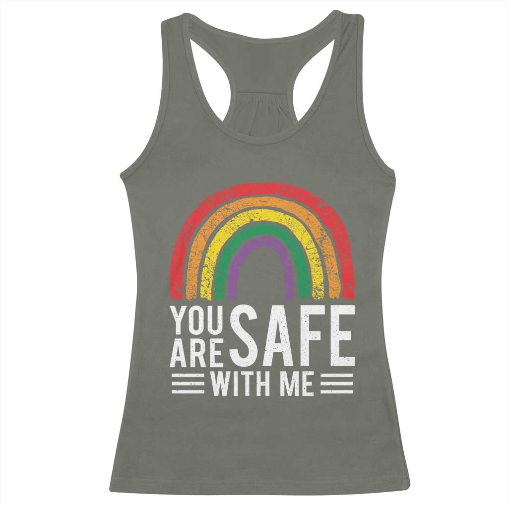 You Are Safe With Me Racerback Tank Top Retro Rainbow LGBTQ Ally Pride TS10 Military Green Print Your Wear
