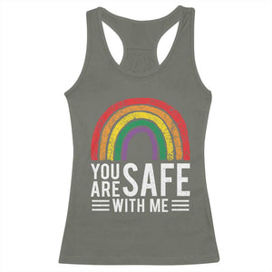 You Are Safe With Me Racerback Tank Top Retro Rainbow LGBTQ Ally Pride TS10 Military Green Print Your Wear