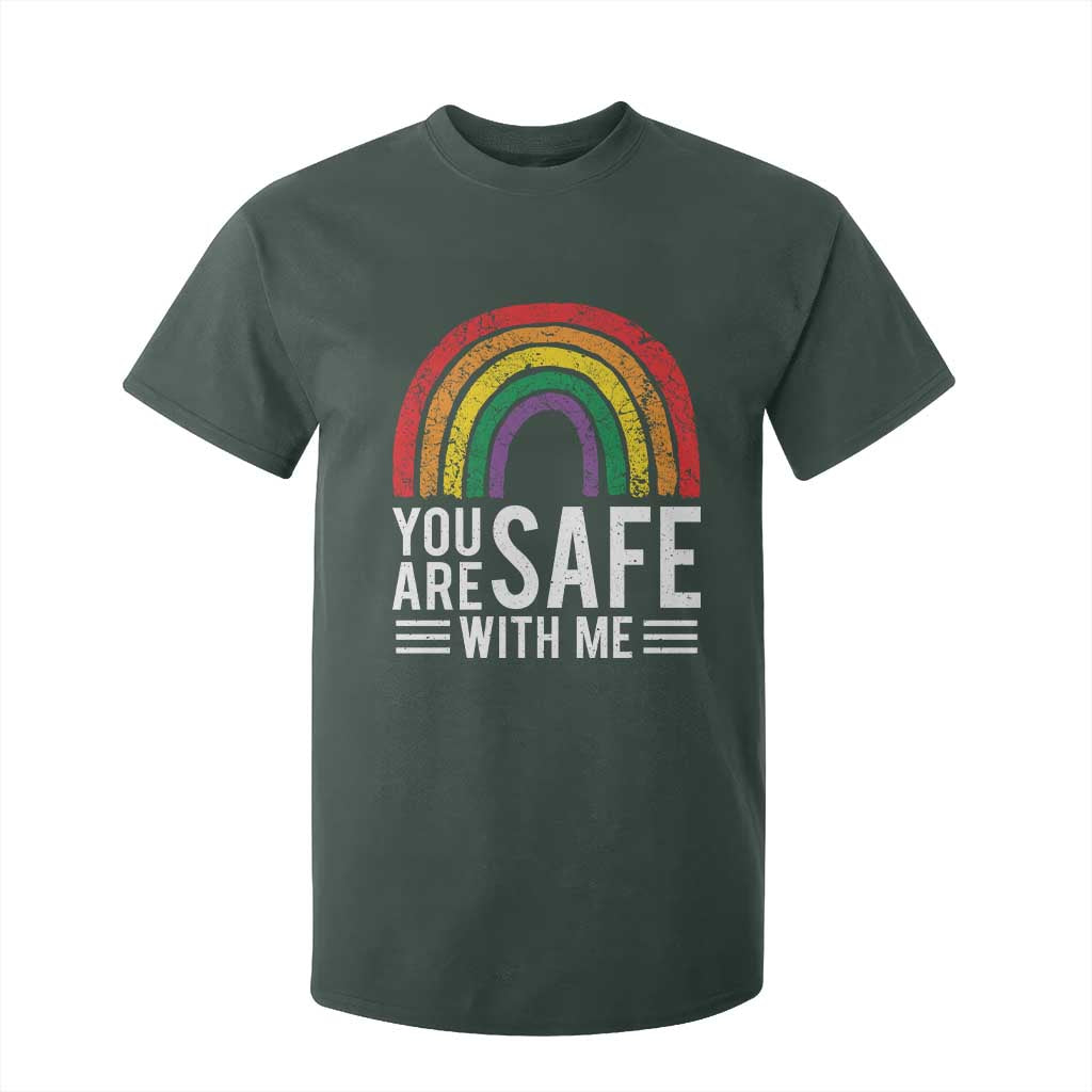 You Are Safe With Me T Shirt For Kid Retro Rainbow LGBTQ Ally Pride TS10 Dark Forest Green Print Your Wear