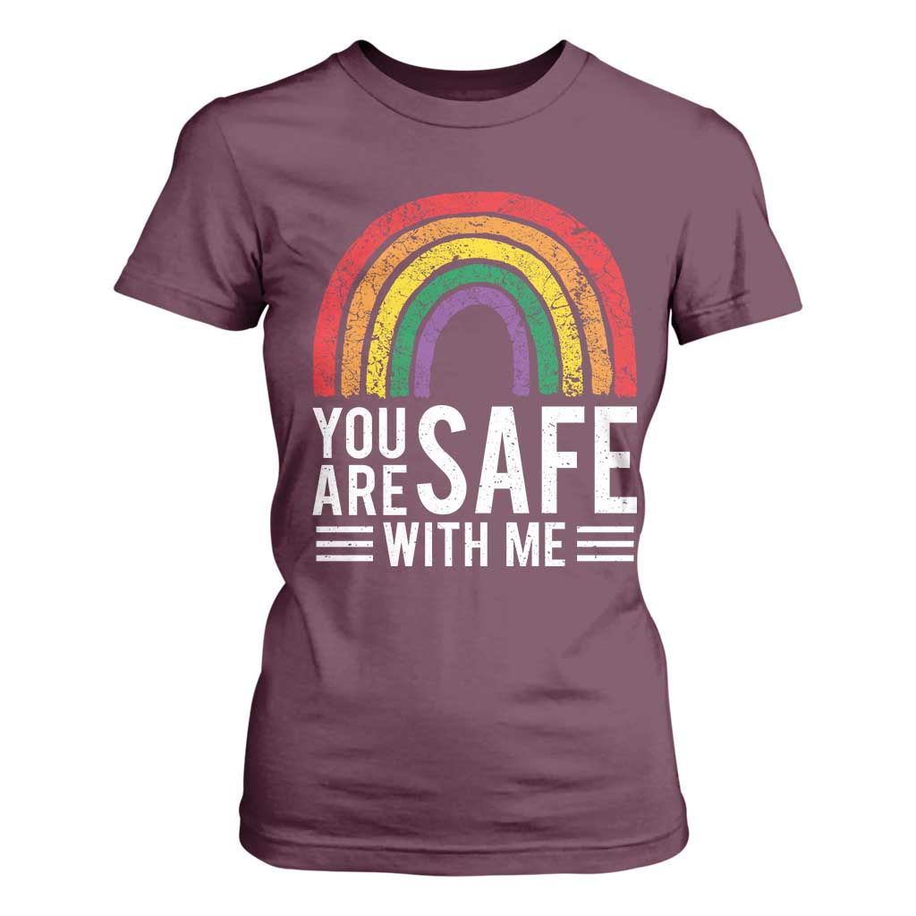You Are Safe With Me T Shirt For Women Retro Rainbow LGBTQ Ally Pride TS10 Maroon Print Your Wear