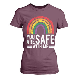 You Are Safe With Me T Shirt For Women Retro Rainbow LGBTQ Ally Pride TS10 Maroon Print Your Wear
