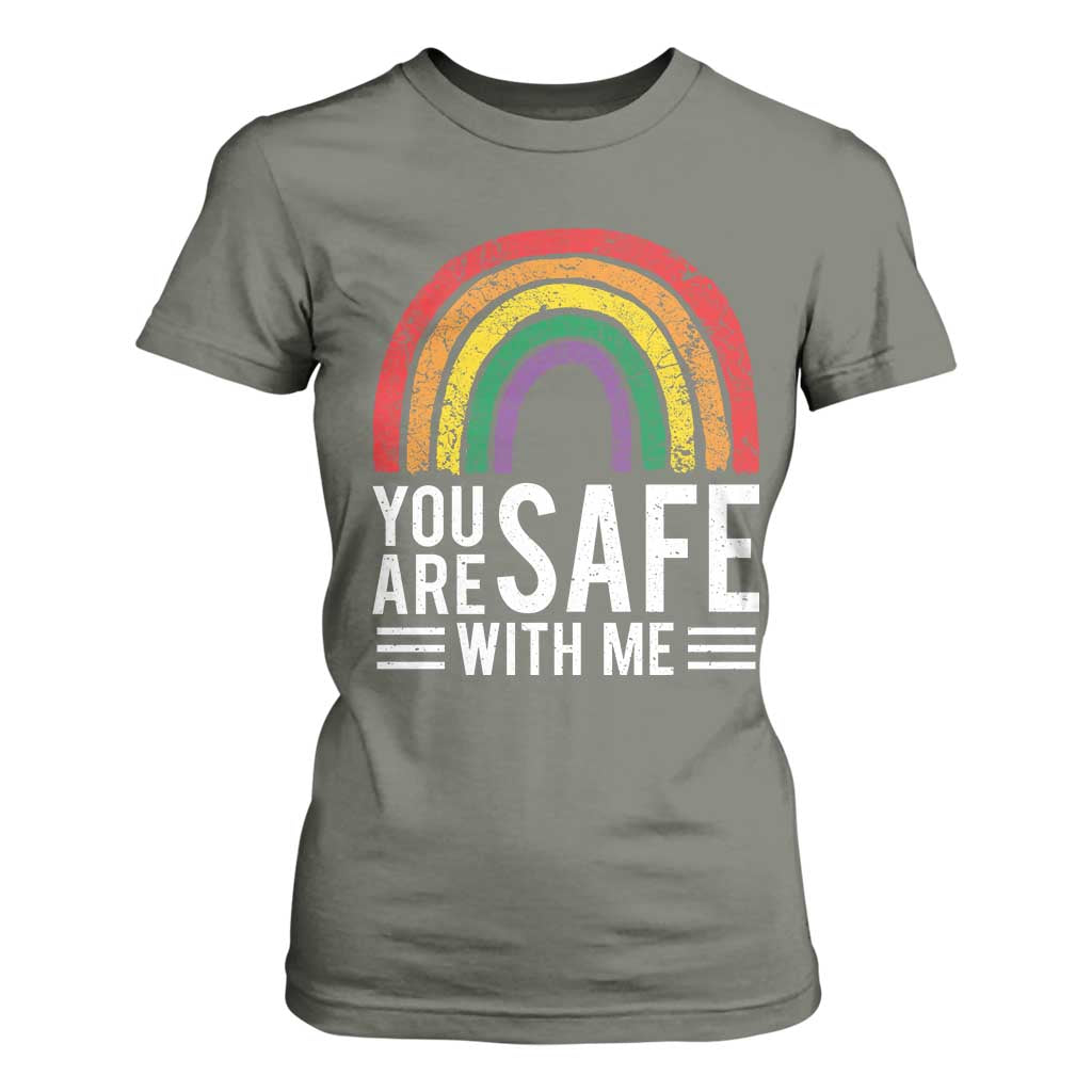 You Are Safe With Me T Shirt For Women Retro Rainbow LGBTQ Ally Pride TS10 Military Green Print Your Wear