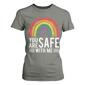 You Are Safe With Me T Shirt For Women Retro Rainbow LGBTQ Ally Pride TS10 Military Green Print Your Wear