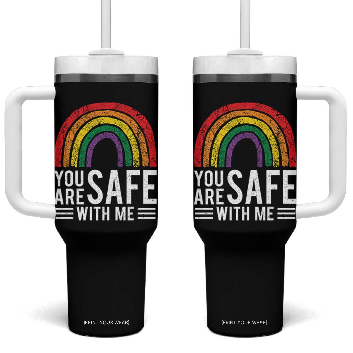 You Are Safe With Me Tumbler With Handle Retro Rainbow LGBTQ Ally Pride TS10 One Size: 40 oz Black Print Your Wear