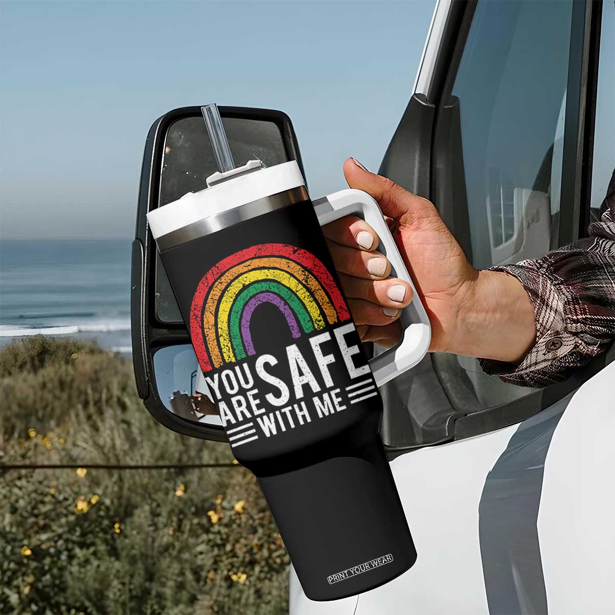You Are Safe With Me Tumbler With Handle Retro Rainbow LGBTQ Ally Pride TS10 Print Your Wear