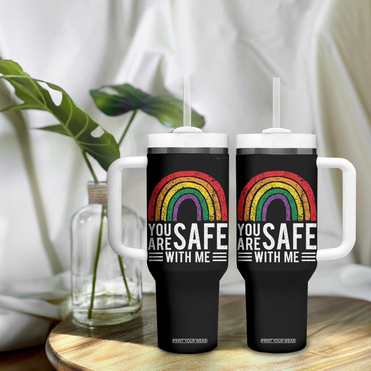 You Are Safe With Me Tumbler With Handle Retro Rainbow LGBTQ Ally Pride TS10 Print Your Wear