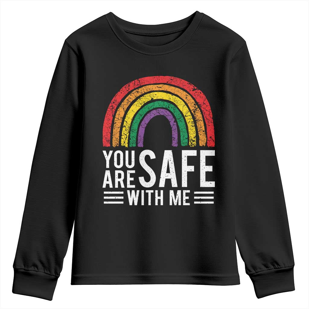 You Are Safe With Me Youth Sweatshirt Retro Rainbow LGBTQ Ally Pride TS10 Black Print Your Wear
