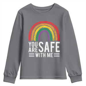 You Are Safe With Me Youth Sweatshirt Retro Rainbow LGBTQ Ally Pride TS10 Charcoal Print Your Wear