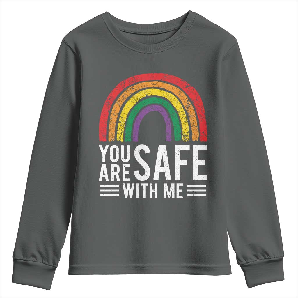 You Are Safe With Me Youth Sweatshirt Retro Rainbow LGBTQ Ally Pride TS10 Dark Heather Print Your Wear