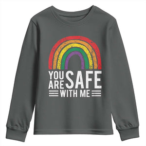 You Are Safe With Me Youth Sweatshirt Retro Rainbow LGBTQ Ally Pride TS10 Dark Heather Print Your Wear
