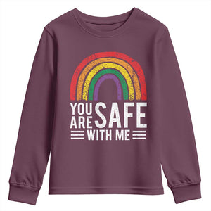 You Are Safe With Me Youth Sweatshirt Retro Rainbow LGBTQ Ally Pride TS10 Maroon Print Your Wear