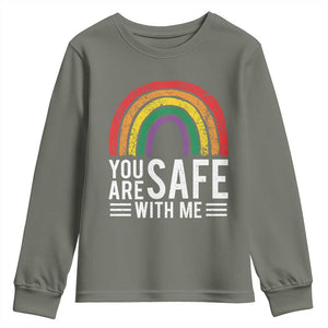 You Are Safe With Me Youth Sweatshirt Retro Rainbow LGBTQ Ally Pride TS10 Military Green Print Your Wear