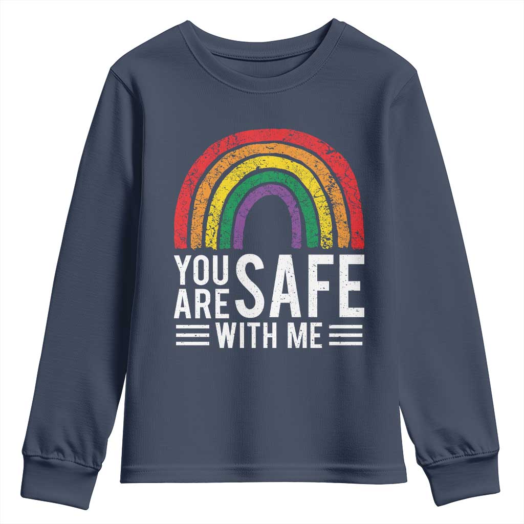 You Are Safe With Me Youth Sweatshirt Retro Rainbow LGBTQ Ally Pride TS10 Navy Print Your Wear