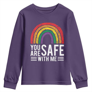 You Are Safe With Me Youth Sweatshirt Retro Rainbow LGBTQ Ally Pride TS10 Purple Print Your Wear