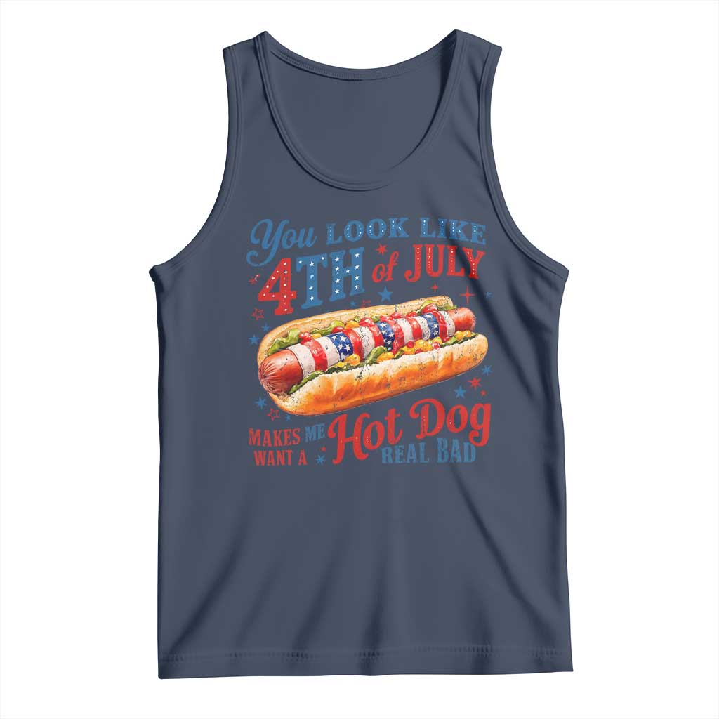 You Look Like 4th of July Hot Dog Tank Top Funny Patriotic Food Meme TS10 Navy Print Your Wear