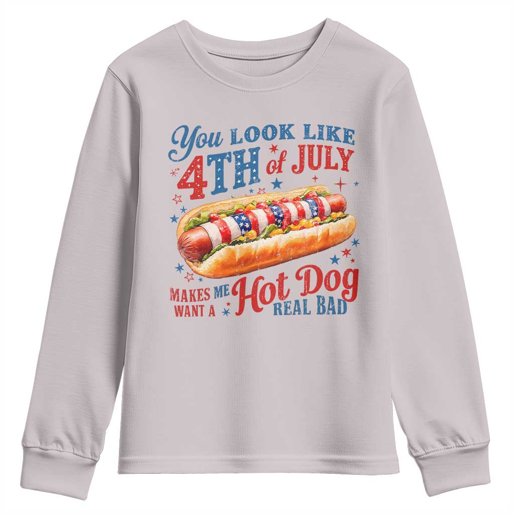 You Look Like 4th of July Hot Dog Youth Sweatshirt Funny Patriotic Food Meme TS10 Ice Gray Print Your Wear