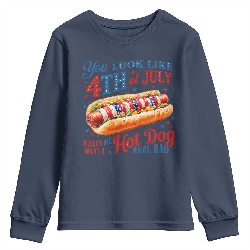 You Look Like 4th of July Hot Dog Youth Sweatshirt Funny Patriotic Food Meme TS10 Navy Print Your Wear