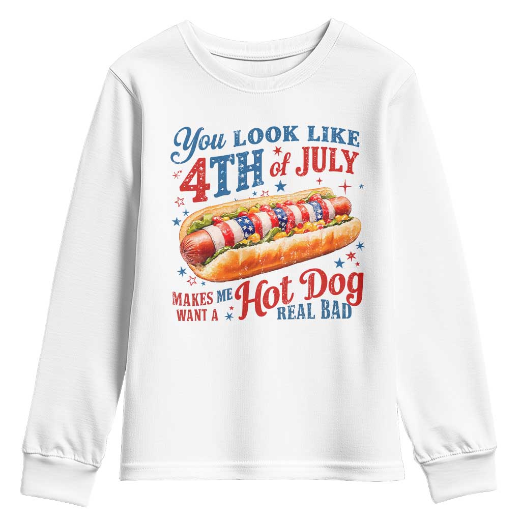 You Look Like 4th of July Hot Dog Youth Sweatshirt Funny Patriotic Food Meme TS10 White Print Your Wear