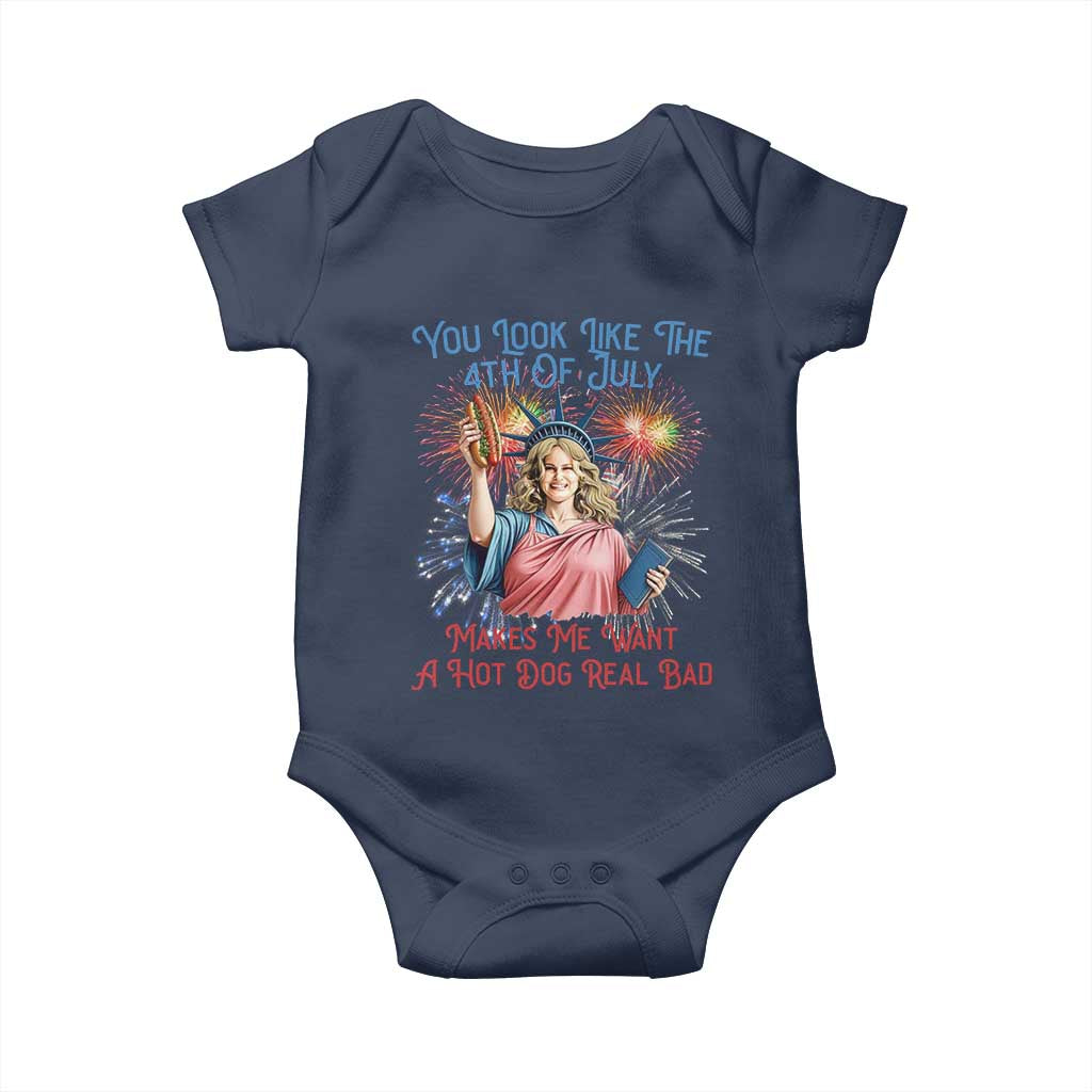 You Look Like The 4th Of July Makes Me Want A Hot Dog Real Bad Baby Onesie Funny 4th July Hot Dog Meme TS10 Navy Print Your Wear