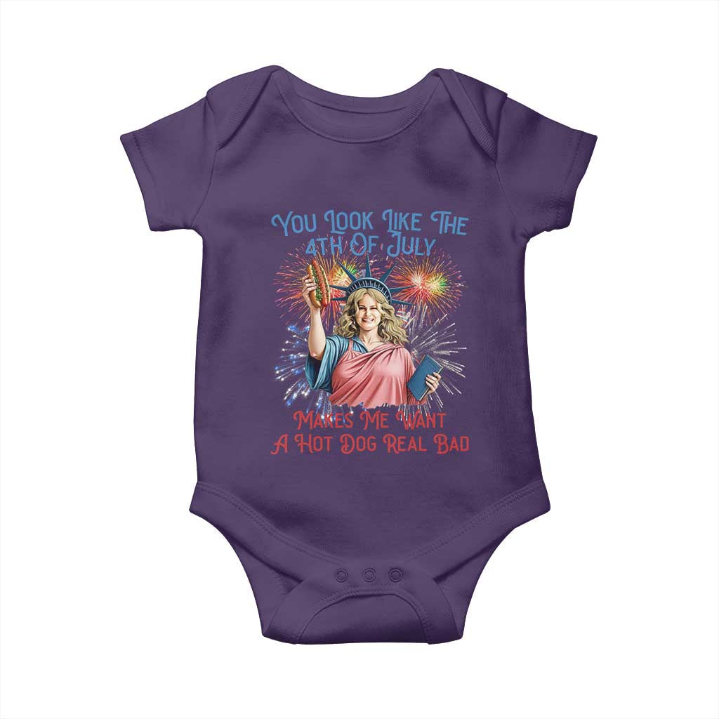 You Look Like The 4th Of July Makes Me Want A Hot Dog Real Bad Baby Onesie Funny 4th July Hot Dog Meme TS10 Purple Print Your Wear