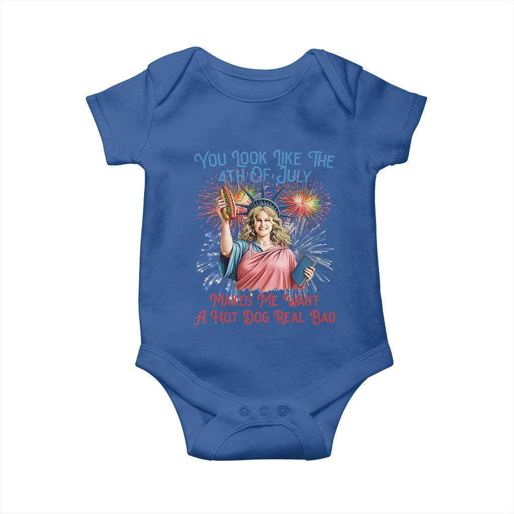You Look Like The 4th Of July Makes Me Want A Hot Dog Real Bad Baby Onesie Funny 4th July Hot Dog Meme TS10 Royal Blue Print Your Wear