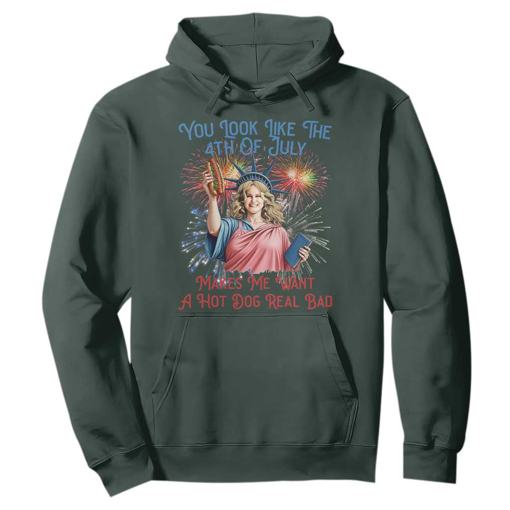 You Look Like The 4th Of July Makes Me Want A Hot Dog Real Bad Hoodie Funny 4th July Hot Dog Meme TS10 Dark Forest Green Print Your Wear