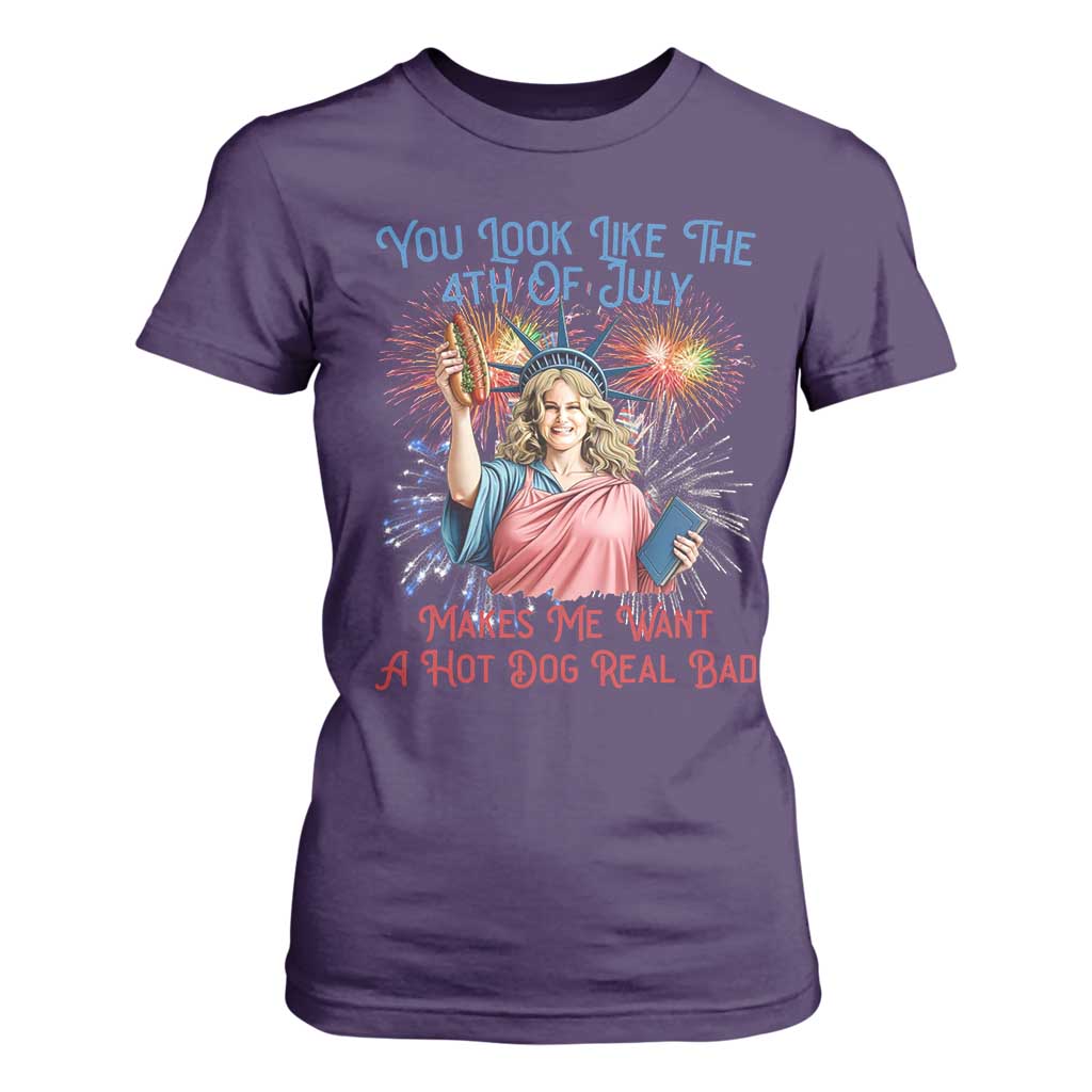 You Look Like The 4th Of July Makes Me Want A Hot Dog Real Bad T Shirt For Women Funny 4th July Hot Dog Meme TS10 Purple Print Your Wear