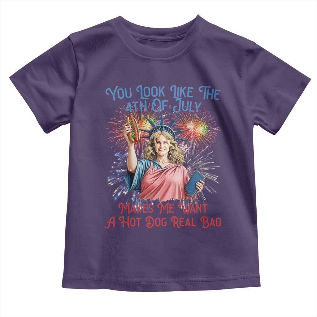 You Look Like The 4th Of July Makes Me Want A Hot Dog Real Bad Toddler T Shirt Funny 4th July Hot Dog Meme TS10 Purple Print Your Wear
