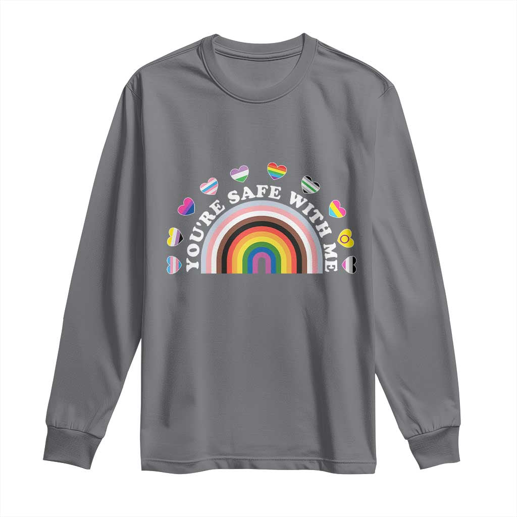 You're Safe With Me Long Sleeve Shirt LGBTQ Pride Ally Rainbow Heart TS11 Charcoal Print Your Wear