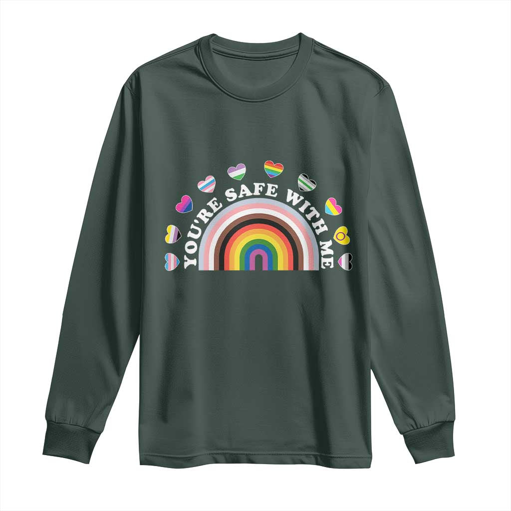 You're Safe With Me Long Sleeve Shirt LGBTQ Pride Ally Rainbow Heart TS11 Dark Forest Green Print Your Wear