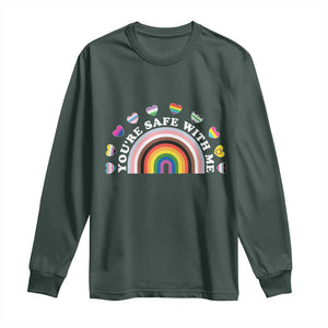 You're Safe With Me Long Sleeve Shirt LGBTQ Pride Ally Rainbow Heart TS11 Dark Forest Green Print Your Wear