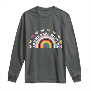 You're Safe With Me Long Sleeve Shirt LGBTQ Pride Ally Rainbow Heart TS11 Dark Heather Print Your Wear