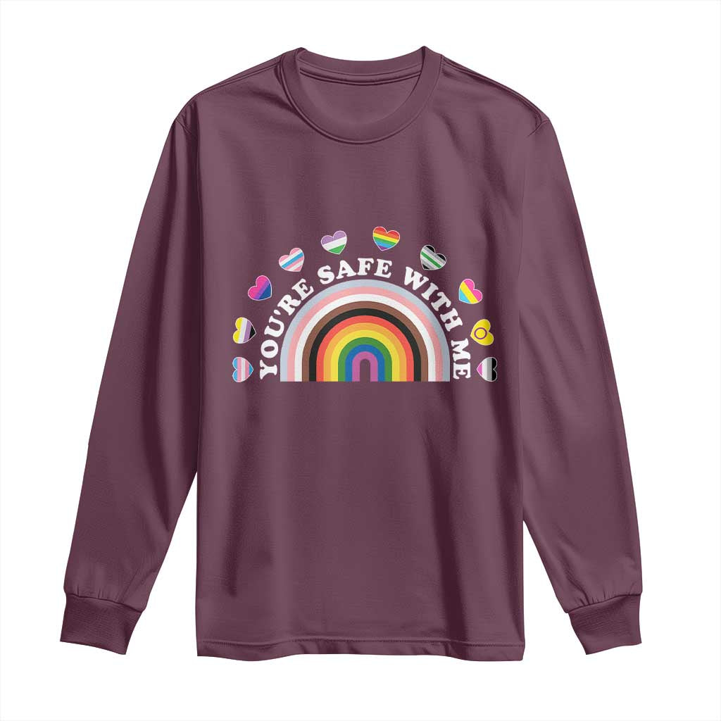 You're Safe With Me Long Sleeve Shirt LGBTQ Pride Ally Rainbow Heart TS11 Maroon Print Your Wear