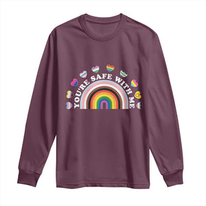 You're Safe With Me Long Sleeve Shirt LGBTQ Pride Ally Rainbow Heart TS11 Maroon Print Your Wear