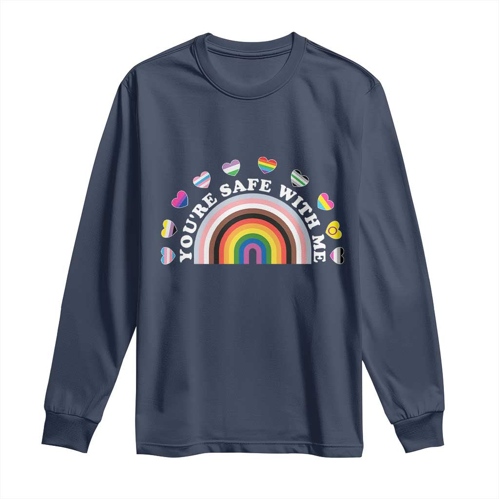 You're Safe With Me Long Sleeve Shirt LGBTQ Pride Ally Rainbow Heart TS11 Navy Print Your Wear