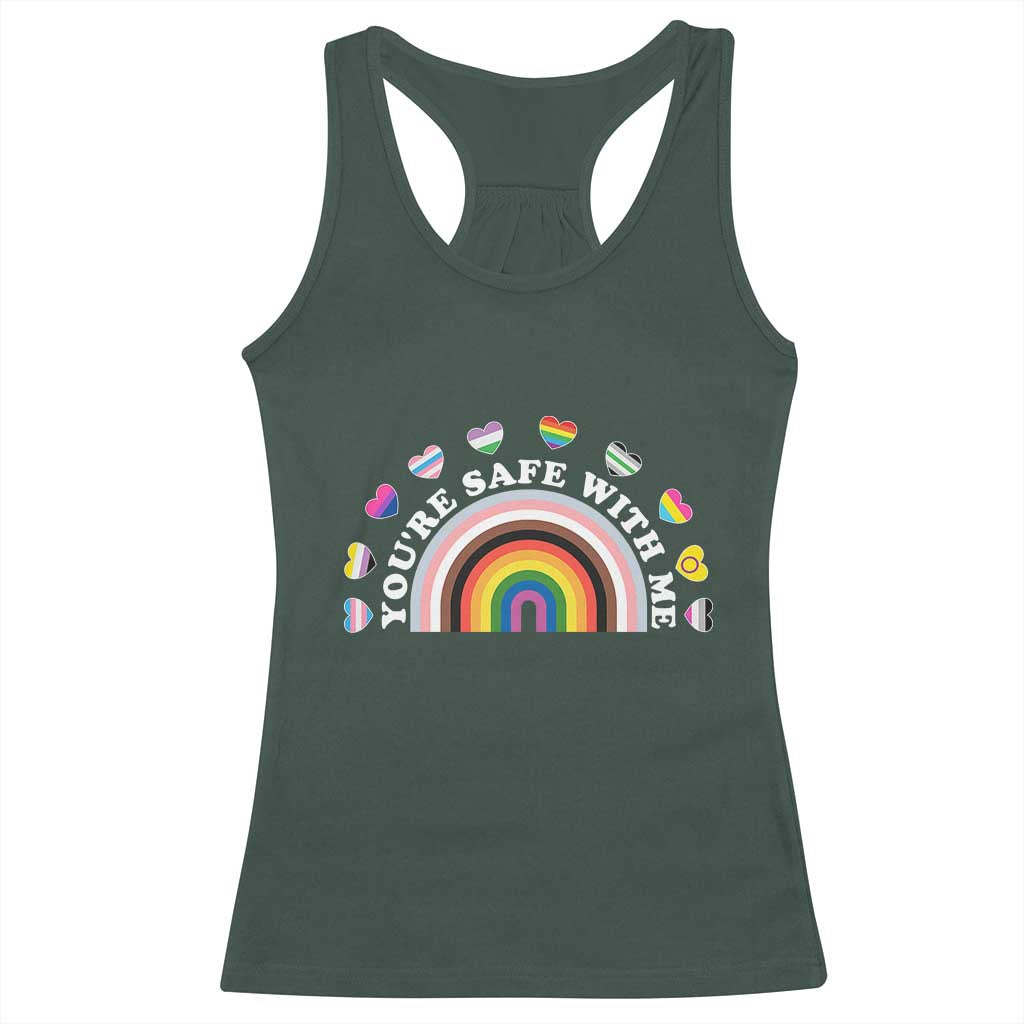 You're Safe With Me Racerback Tank Top LGBTQ Pride Ally Rainbow Heart TS11 Dark Forest Green Print Your Wear
